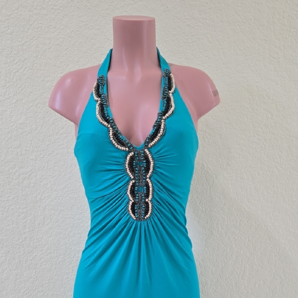 Cache Blue Gold Ruched Halter Maxi Dress - Picture 2 of 5
